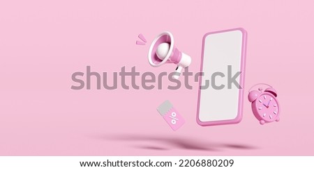 promotion news for social media networks with smartphone, clock alarm, megaphone, discount sales isolated on pink. price tags coupon, announce, last minute offer, flat sales, 3d render, clipping path
