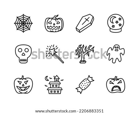 Halloween flat line icons set. Horror symbols - Pumpkin, Ghost, Bat, Grave, Candy. Simple flat vector illustration for web site or mobile app.