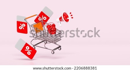 announce promotion news with shopping cart, clock alarm megaphone, discount sales isolated on pink. price tags coupon,  last minute offer, flat sales shopping concept, 3d render, clipping path