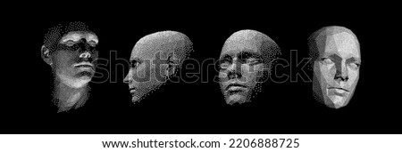 Four human faces constructing from particles. Network forming AI human face. Technology and robotics concept. Anonymous social masking. Cyber crime and cyber security vector illustration. 