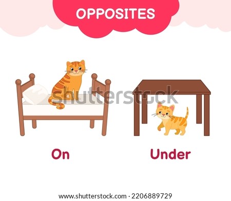 Vector learning material for kids opposites suggestions on under. Cartoon illustrations of the cat is sitting on the bed, the kitten is under the table.

