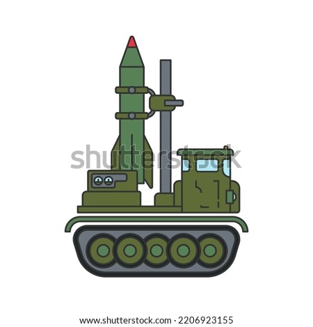 Line flat color vector illustration icon infantry assault army aircraft missile. Military vehicle. Simple retro style. Soldiers equipment. Armored corps. Weaponry. Tractor caterpillar unit. Defense.