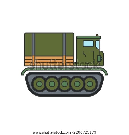 Line flat color vector illustration icon infantry assault army artillery tractor. Military vehicle. Simple retro style. Soldiers equipment. Armored corps. Weaponry. Tractor caterpillar unit. Defense.