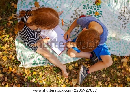 red-haired children a boy and a girl draw on a picnic in autumn. brother and sister. top view