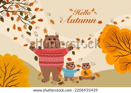 Vector drawing of brown bear family celebrated Autumn season, mother bear and 2 Cubs wearing sweater on grass under autumn orange tree and colorful leaves blowing with Hello Autumn texts 