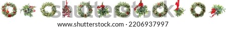 Set of mistletoe branches and wreaths isolated on white