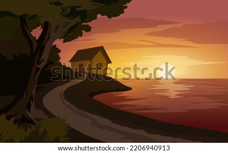 Vector rural sunset landscape with road, house and lake