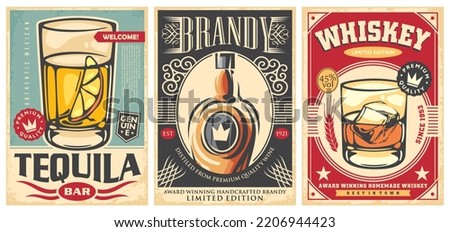 Set of alcohol drinks posters. Whiskey, tequila and brandy retro flyers design. Vector illustrations for pub or cafe bar. Royalty-Free Stock Photo #2206944423