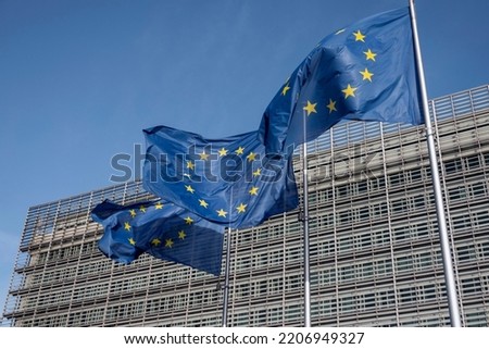The flags in front of the European Commission building, Brussels Royalty-Free Stock Photo #2206949327