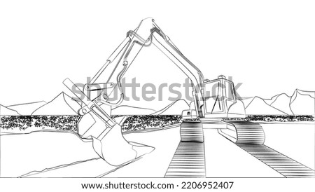 Excavator outline on field with flowers and mountains behind isolated. Excavator bucket on ground and caterpillar tracks. Vector design element.