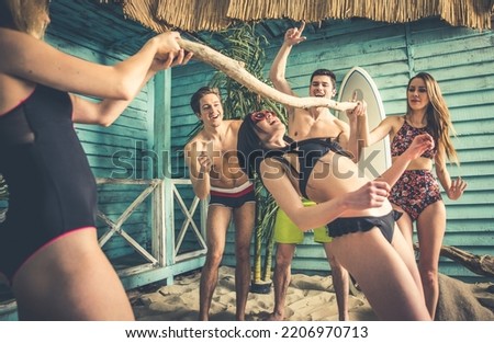 Group of five friends celebrating in their summer beach house