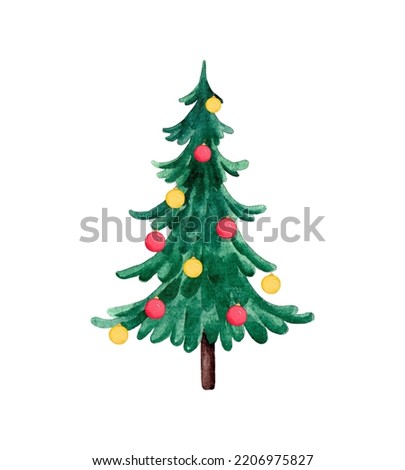Watercolor Christmas Tree With Ornaments. Hand drawn illustration isolated on white background
