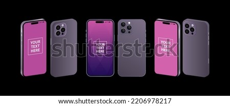 Smartphone with purple colour and pink screen. Mobile phones with different angles of view. Vector illustration.