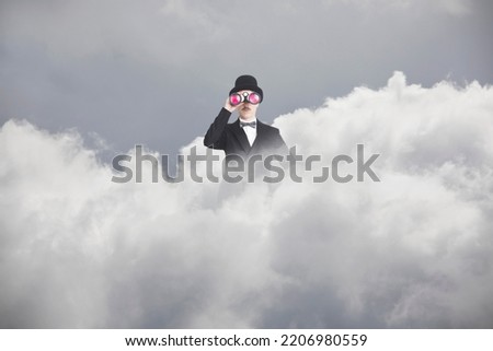 surreal businessman with spyglass comes out of a cloud to scan the future Royalty-Free Stock Photo #2206980559