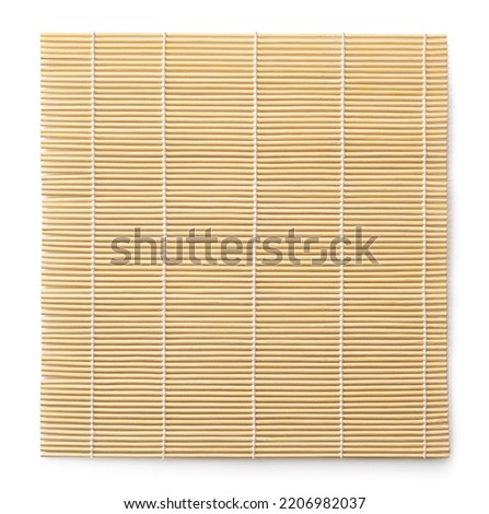Bamboo makisu isolated on a white background. Sushi mat cutout. Square wooden mat used for forming rolls of sushi. Japanese kitchen utensil for preparing makizushi. Top view. Royalty-Free Stock Photo #2206982037