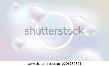 Flying white natural pearl sphere, blur on light pearly background. Luxury jewelry pearl with white glow ring frame. Vector abstract delicate background for science or beauty advertisement Royalty-Free Stock Photo #2206982891