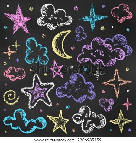 Set of Design Elements Stars, Moon, Clouds of Different Colors Isolated on Chalkboard Backdrop. Realistic Chalk Hand-Drawn Sketch. Kit of Textural Crayon Drawings of Symbols of Night Sky on Blackboard
