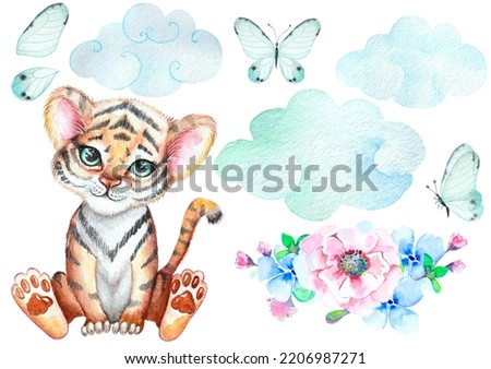 a cute little tiger cub is sitting on a cloud. Butterfly wings. Flower arrangement. Watercolor drawing