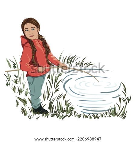 girl with pigtails plays, fishes in the pond. vector realistic illustration