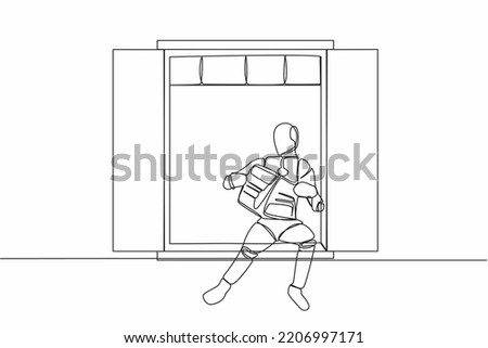 Continuous one line drawing of relaxed robot sitting on windowsill and reads newspaper. Cozy balcony. Humanoid robot cybernetic organism. Future robotic. Single line design vector graphic illustration