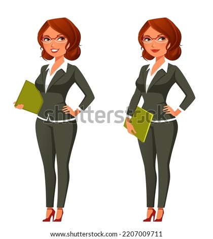 Young businesswoman in elegant grey suit. Beautiful office assistant, life coach or teacher smiling and holding folders. Cartoon character. Isolated on white.