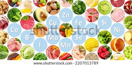 Trace Elements in Food like Fruits, Vegetables, Meat, Fish and others isolated on white background - Panorama Royalty-Free Stock Photo #2207013789