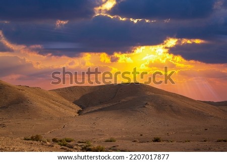 Yellow sunset in the desert and sun rays spreading. Beautiful dramatic clouds on gold sky. Golden sand dunes in desert in Judean desert, Israel. Sunny sky over cliffs, mountains Sodom and Gomorrah Royalty-Free Stock Photo #2207017877