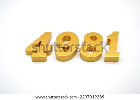   Number 4981 is made of gold-painted teak, 1 centimeter thick, placed on a white background to visualize it in 3D.                                      