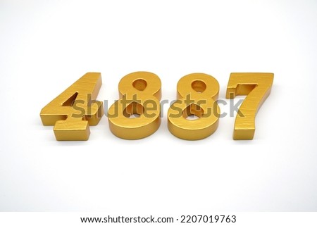   Number 4887 is made of gold-painted teak, 1 centimeter thick, placed on a white background to visualize it in 3D.                               