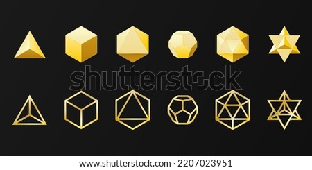 Platonic solids and Merkabah, sacred geometry, Mathematical geometric figures such as cube, tetrahedron, octahedron, dodecahedron, icosahedron, star tetrahedron Royalty-Free Stock Photo #2207023951