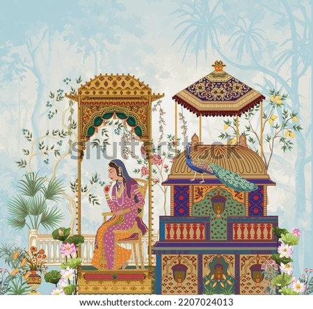 Mughal Persian queen seating in a palace garden vector illustration