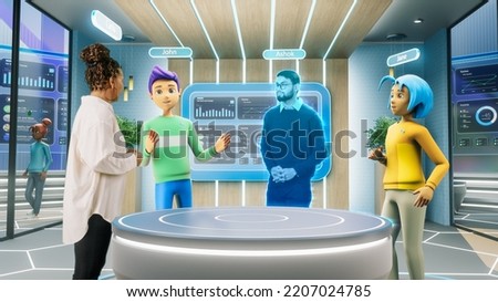 Corporate Business Meeting in Virtual Reality Office. Real Female Manager Standing Next to Two Avatars of Colleagues, and a Hologram of Another Specialist. Futuristic Metaverse Concept. Royalty-Free Stock Photo #2207024785