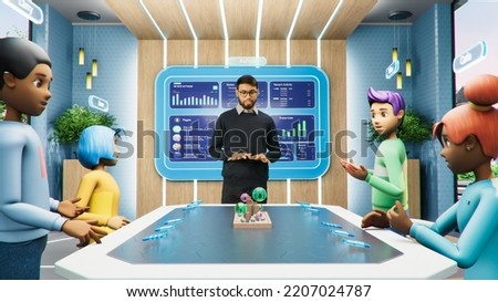 Online Business Meeting in Virtual Reality Office. Project Manager Talking to a Group of Internet Avatars of Colleagues Sitting at a Table. Futuristic 3D Meta Universe Concept, Working from Home. Royalty-Free Stock Photo #2207024787