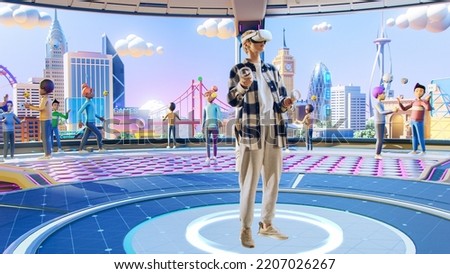 Young Creative Female Wearing a Virtual Reality Headset at Home. Woman Enters Digital Internet 3D Universe with Avatars of Other People. Next Generation Social Media Online Metaverse Platform. Royalty-Free Stock Photo #2207026267