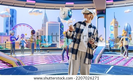 Young Creative Female Wearing a Virtual Reality Headset at Home. She Enters Digital Internet 3D Universe with Avatars. Next Generation Immersive Social Media Online Metaverse Entertainment Platform. Royalty-Free Stock Photo #2207026271