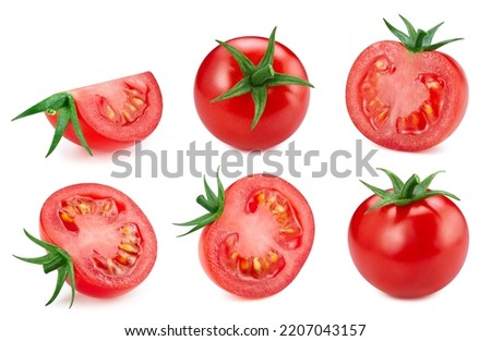 Tomato Clipping Path. Tomato vegetable half and slice isolated on white background with clipping path. Tomato set macro studio photo