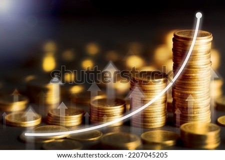 Stack of Gold Coin with Arrow visual graphic. Business Concept : Market uptrend. COPY SPACE.