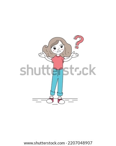 Girl character with question symbol clip art  isolated on white background. Perfect for coloring book, textiles, icon, web, painting, children's books, t-shirt print. 
