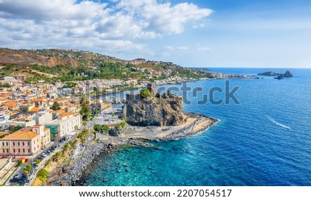 Landscape with aerial view of Aci Castello, Sicily island, Italy Royalty-Free Stock Photo #2207054517
