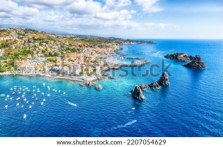 Landscape with aerial view of Aci Trezza, Sicily island, Italy Royalty-Free Stock Photo #2207054629