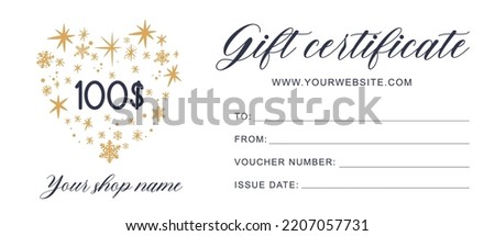 Christmas and New Year gift certificate with cute snowflakes heart template, voucher or coupon with discount.