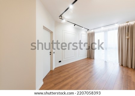 interior design of empty bright room with big window and floor