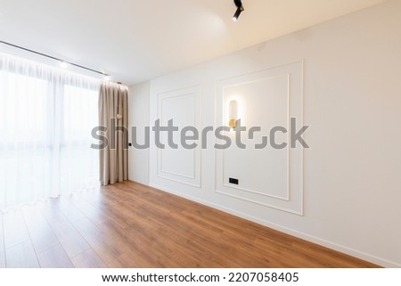 interior design of empty bright room with big window and floor