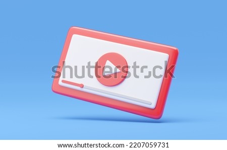3D Social media icon. Red video media player interface floating on isolated blue on blue background. Live streaming in mobile phone. Mockup Cartoon minimal smooth style. 3d icon render. Clipping path.