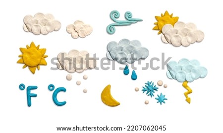 Weather changes made from plasticine. Plasticine weather icons on white background set