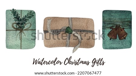 Watercolor Christmas gifs with pine decor in scandinavian style. Isolated on a white background. Great for different prints, advertisement, promotions, designs, print in a big resolution