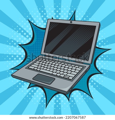 open laptop notebook computer pinup pop art retro vector illustration. Comic book style imitation.