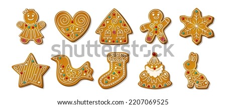 Christmas gingerbread cookies. Winter homemade xmas sweets in shape of house and gingerbread man, star and snowflake, santa and heart, bird and rabbit and sock. Cartoon Vector illustration Royalty-Free Stock Photo #2207069525