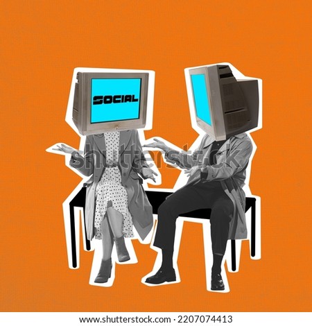 Contemporary art collage. Two people with computer monitor heads talking. Online remote communication via Internet. Concept of social media, influencer, news, communication. Copy space for ad, poster