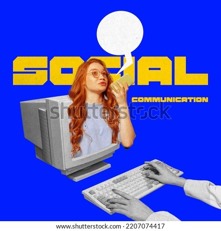 Contemporary art collage. Young girl recording voice message on phone and sticking out computer monitor. Concept of social media, influencer, news, communication, technology. Copy space for ad, poster